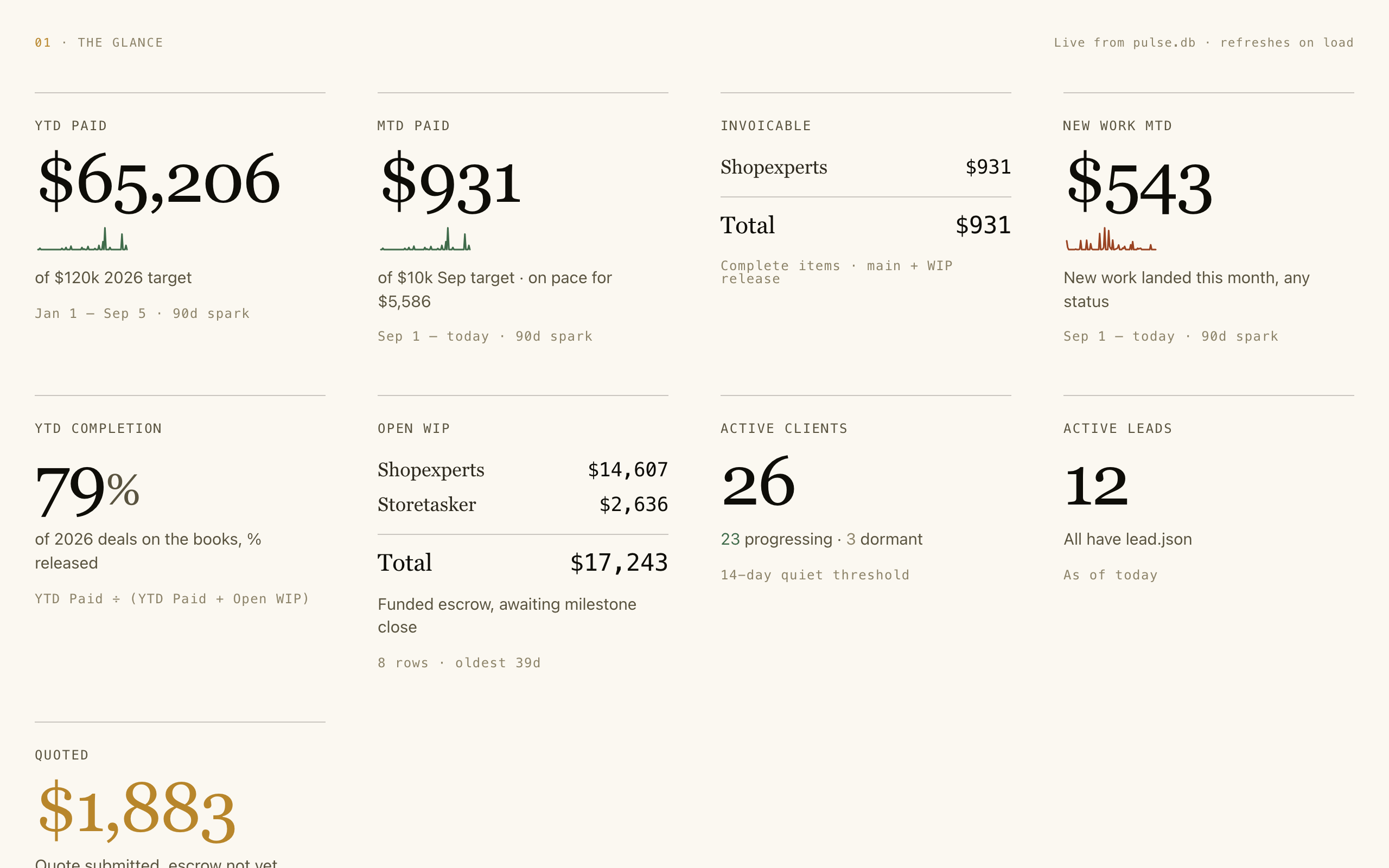 Pulse: year-to-date and month-to-date paid, invoicable, new work, completion rate, open work in progress, active clients and leads
